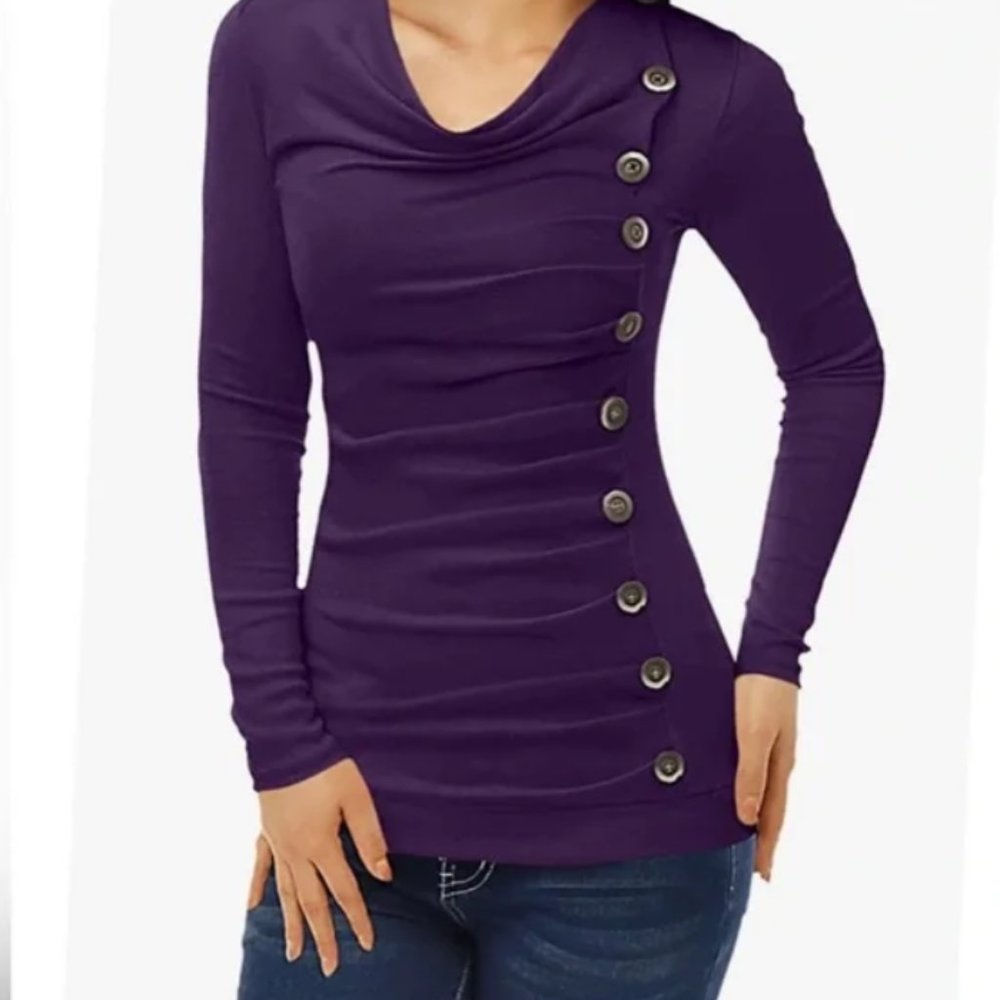 Pretty PattyBoutik Women's Cowl Neck Button Embellished Top (Deep Purple L)